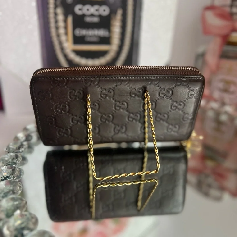Gucci Brown Guccissima Leather Zip Around Wallet with unbranded chain